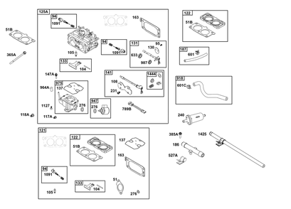Carburetor And Fuel Supply Group Diagram and Parts List for 613477-0277-J1 400000 - 699999 Briggs and Stratton Engine